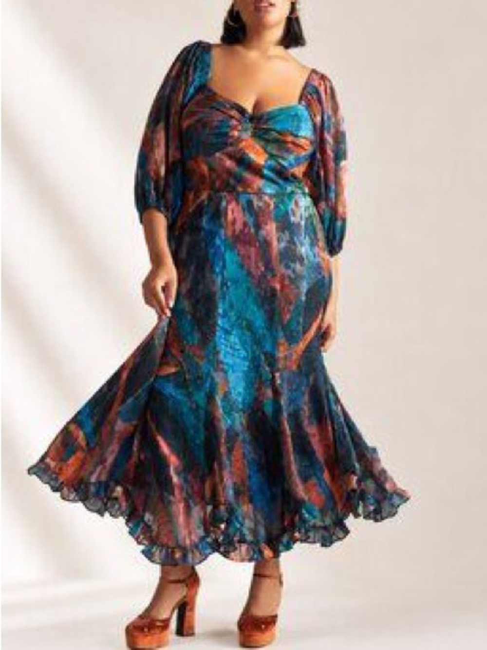 Anthropologie Hutch Printed Twist-Front Puff-Sleeve Ruffle Hem Midi Dress 16W